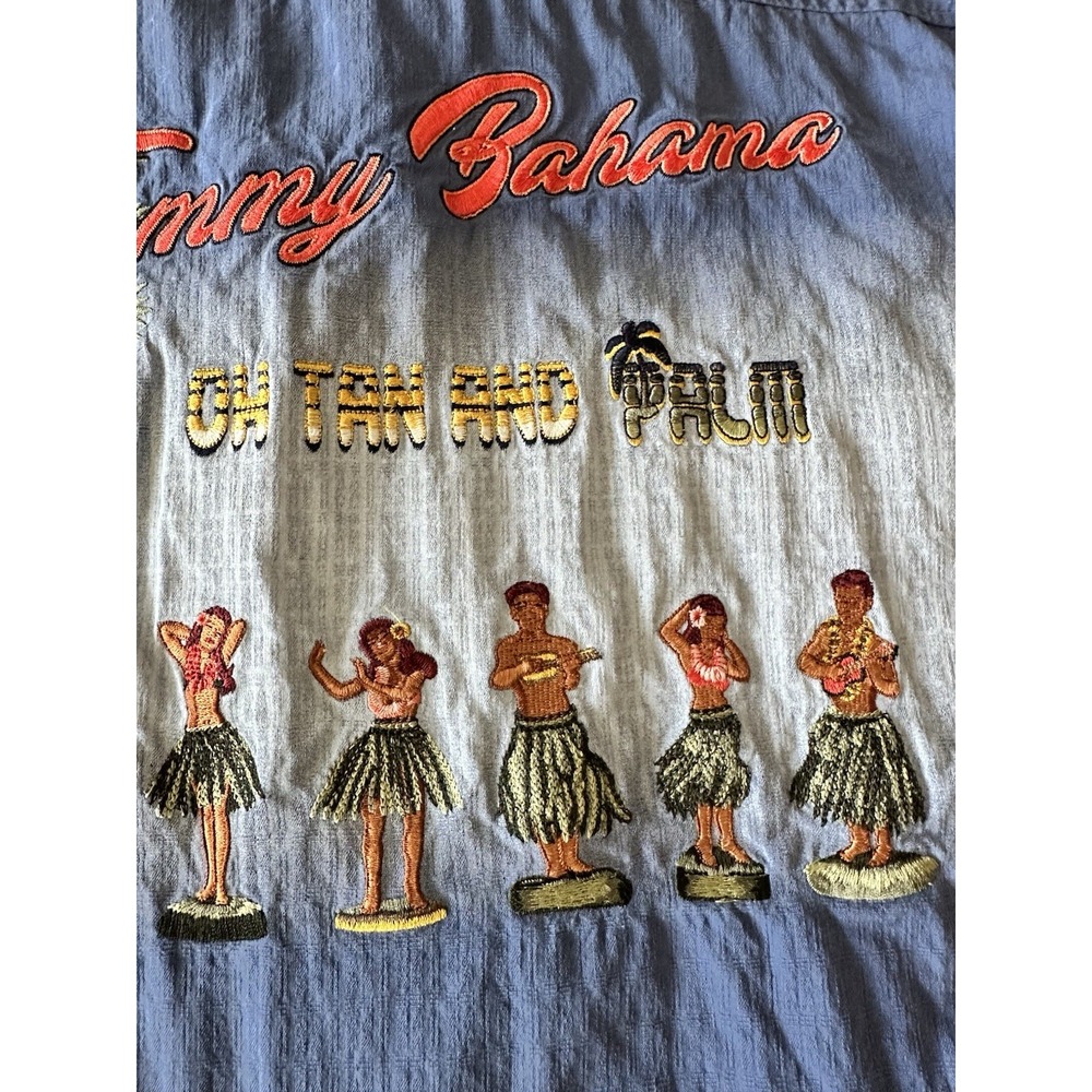 Tommy Bahama Shirt Mens XXL Button Up Oh Tan and Palm Tiki Girls Silk Blue - Picture 12 of 16